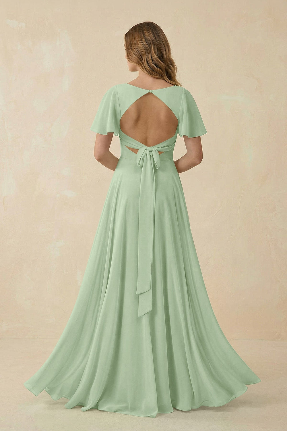 Flutter Sleeve V - Neck Chiffon A - Line Bridesmaid Dress in Sage - SHE IS ME Bridesmaid Dresses