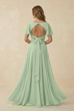 Flutter Sleeve V - Neck Chiffon A - Line Bridesmaid Dress in Sage - SHE IS ME Bridesmaid Dresses