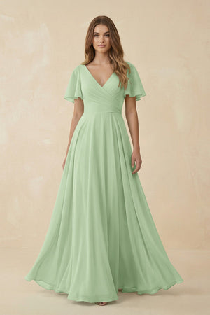 Flutter Sleeve V - Neck Chiffon A - Line Bridesmaid Dress in Sage - SHE IS ME Bridesmaid Dresses