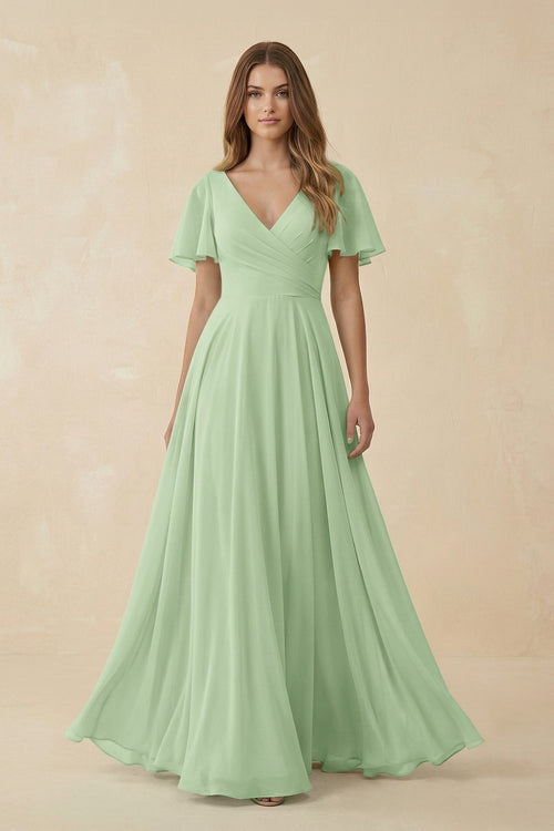 Flutter Sleeve V - Neck Chiffon A - Line Bridesmaid Dress in Sage - SHE IS ME Bridesmaid Dresses
