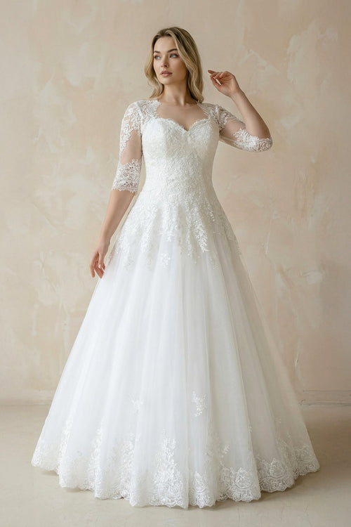 Half Sleeve Lace Ball Gown Wedding Dress with Appliques - SHE IS ME Wedding Dresses