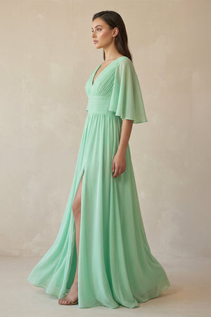 Half Sleeve V - Neck A - Line Chiffon Bridesmaid Gown - SHE IS ME Bridesmaid Dresses