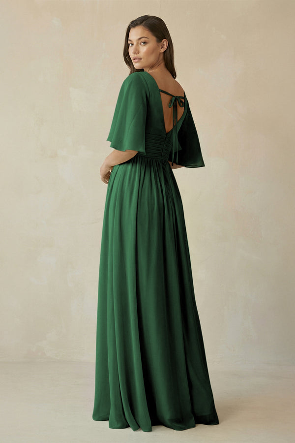 Half Sleeve V - Neck A - Line Chiffon Bridesmaid Gown in Dark Green - SHE IS ME Bridesmaid Dresses