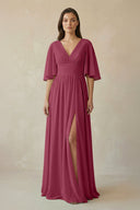Half Sleeve V - Neck A - Line Chiffon Bridesmaid Gown in Desert Rose - SHE IS ME Bridesmaid Dresses