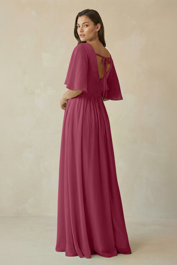 Half Sleeve V - Neck A - Line Chiffon Bridesmaid Gown in Desert Rose - SHE IS ME Bridesmaid Dresses