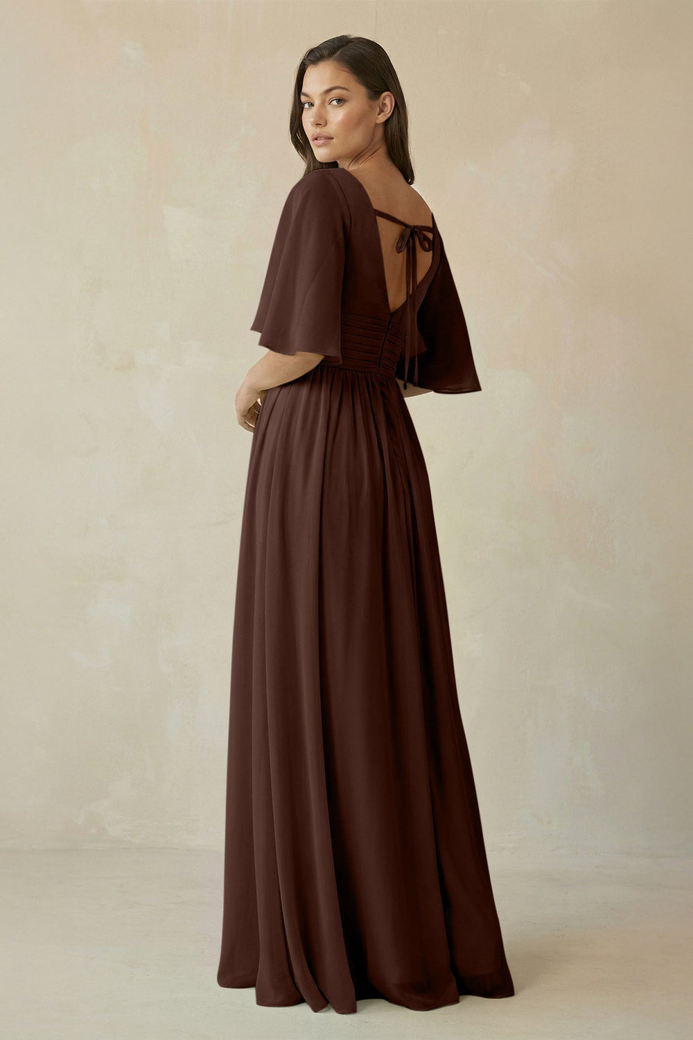 Half Sleeve V - Neck A - Line Chiffon Bridesmaid Gown in Espresso - SHE IS ME Bridesmaid Dresses