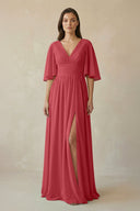 Half Sleeve V - Neck A - Line Chiffon Bridesmaid Gown in Merlot - SHE IS ME Bridesmaid Dresses