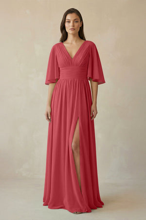Half Sleeve V - Neck A - Line Chiffon Bridesmaid Gown in Merlot - SHE IS ME Bridesmaid Dresses