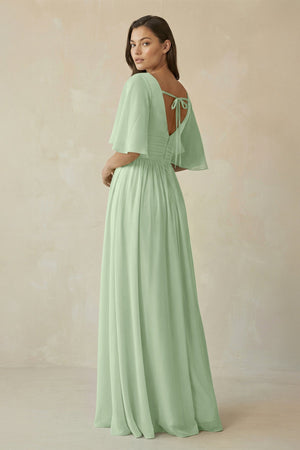 Half Sleeve V - Neck A - Line Chiffon Bridesmaid Gown in Sage - SHE IS ME Bridesmaid Dresses