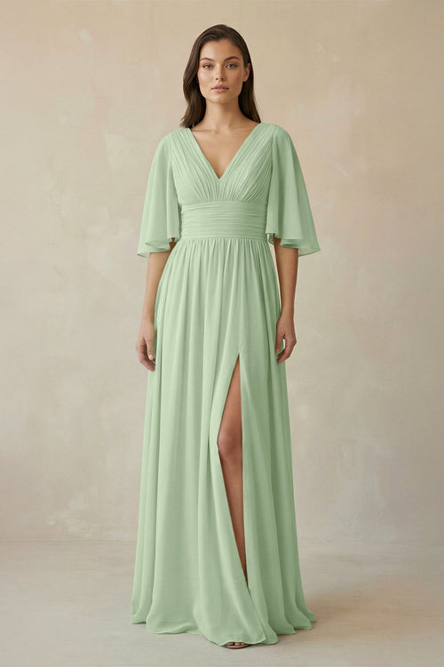 Half Sleeve V - Neck A - Line Chiffon Bridesmaid Gown in Sage - SHE IS ME Bridesmaid Dresses
