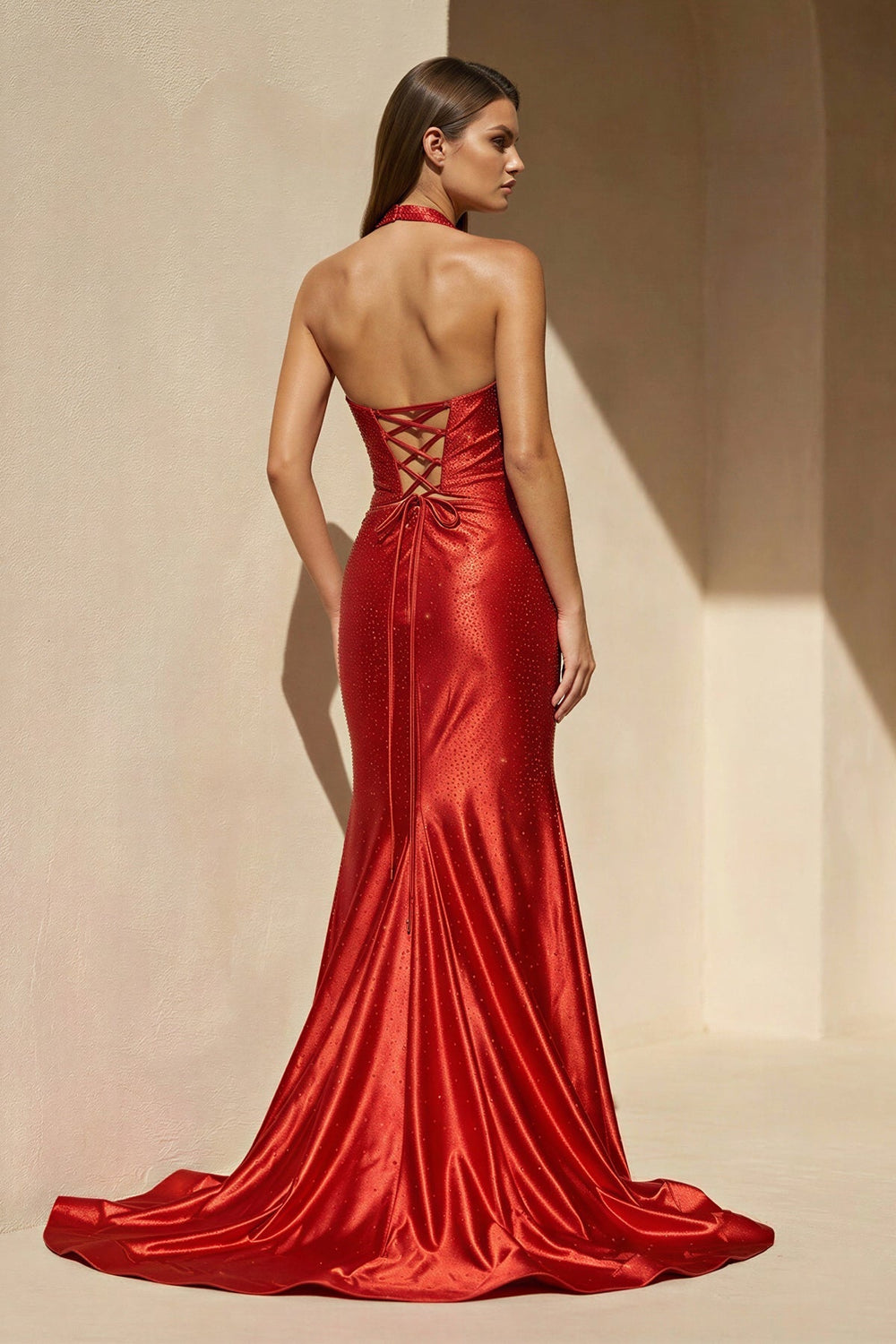 Halter Beaded Gown With Slit in Red - SHE IS ME