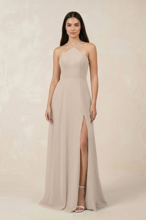 Halter Chiffon A - Line Bridesmaid Dress With Slit in Almond - SHE IS ME Bridesmaid Dresses