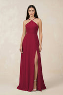 Halter Chiffon A - Line Bridesmaid Dress With Slit in Berry - SHE IS ME Bridesmaid Dresses