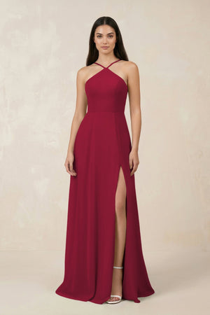 Halter Chiffon A - Line Bridesmaid Dress With Slit in Berry - SHE IS ME Bridesmaid Dresses