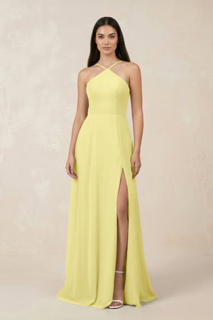 Halter Chiffon A - Line Bridesmaid Dress With Slit in Buttercup - SHE IS ME Bridesmaid Dresses