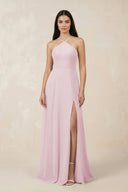 Halter Chiffon A - Line Bridesmaid Dress With Slit in Candy Pink - SHE IS ME Bridesmaid Dresses