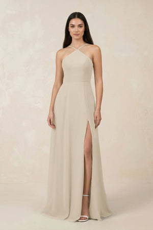 Halter Chiffon A - Line Bridesmaid Dress With Slit in Champagne - SHE IS ME Bridesmaid Dresses