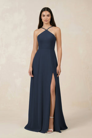 Halter Chiffon A - Line Bridesmaid Dress With Slit in Dark Navy - SHE IS ME Bridesmaid Dresses