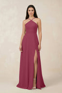Halter Chiffon A - Line Bridesmaid Dress With Slit in Desert Rose - SHE IS ME Bridesmaid Dresses