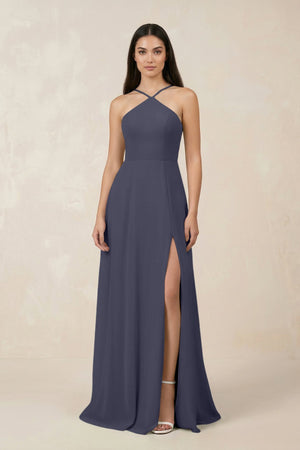 Halter Chiffon A - Line Bridesmaid Dress With Slit in Dusk Blue - SHE IS ME Bridesmaid Dresses
