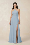 Halter Chiffon A - Line Bridesmaid Dress With Slit in Dusty Blue - SHE IS ME Bridesmaid Dresses