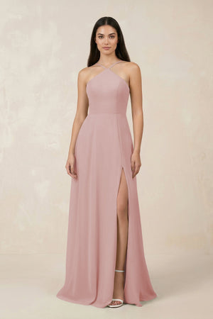 Halter Chiffon A - Line Bridesmaid Dress With Slit in Dusty Rose - SHE IS ME Bridesmaid Dresses