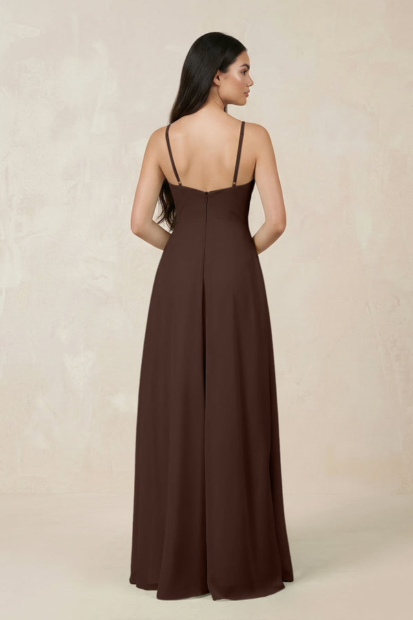Halter Chiffon A - Line Bridesmaid Dress With Slit in Espresso - SHE IS ME Bridesmaid Dresses