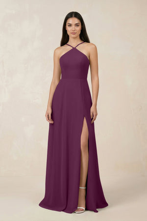 Halter Chiffon A - Line Bridesmaid Dress With Slit in Fig - SHE IS ME Bridesmaid Dresses