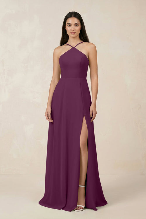 Halter Chiffon A - Line Bridesmaid Dress With Slit in Fig - SHE IS ME Bridesmaid Dresses
