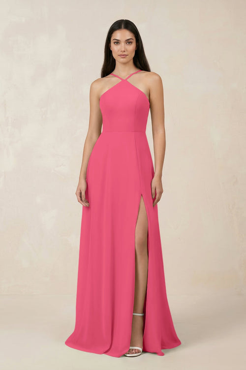 Halter Chiffon A - Line Bridesmaid Dress With Slit in Fuchsia - SHE IS ME Bridesmaid Dresses