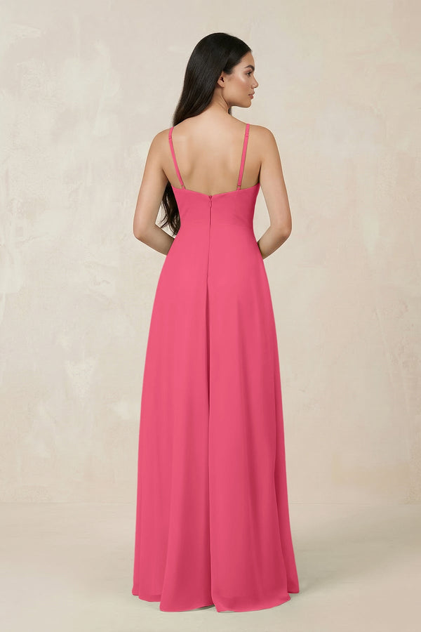 Halter Chiffon A - Line Bridesmaid Dress With Slit in Fuchsia - SHE IS ME Bridesmaid Dresses