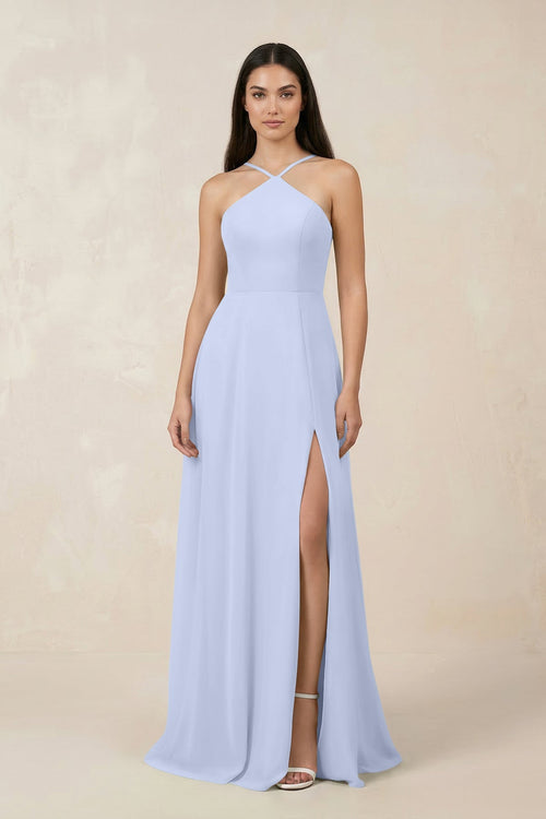 Halter Chiffon A - Line Bridesmaid Dress With Slit in Ice - SHE IS ME Bridesmaid Dresses