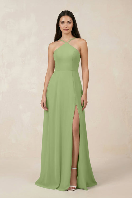 Halter Chiffon A - Line Bridesmaid Dress With Slit in Matcha - SHE IS ME Bridesmaid Dresses