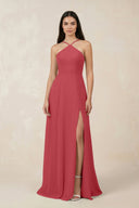 Halter Chiffon A - Line Bridesmaid Dress With Slit in Merlot - SHE IS ME Bridesmaid Dresses