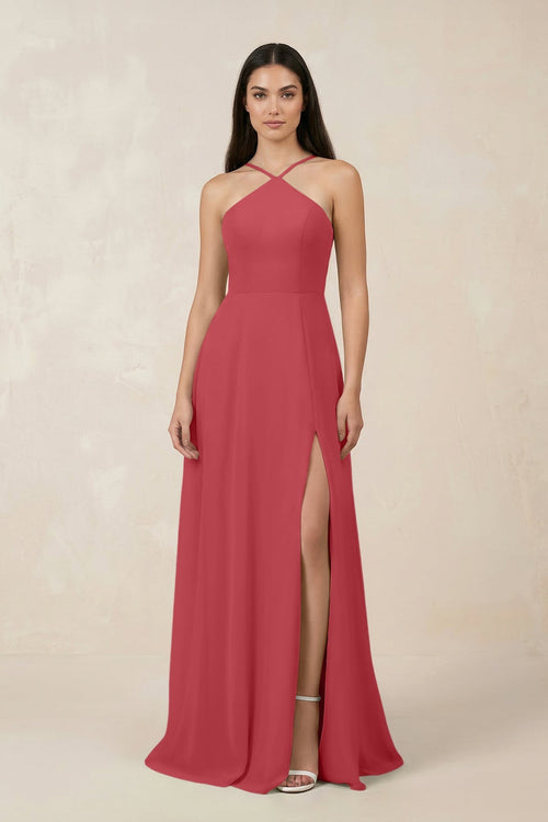 Halter Chiffon A - Line Bridesmaid Dress With Slit in Merlot - SHE IS ME Bridesmaid Dresses