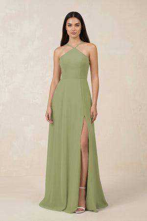 Halter Chiffon A - Line Bridesmaid Dress With Slit in Moss Green - SHE IS ME Bridesmaid Dresses