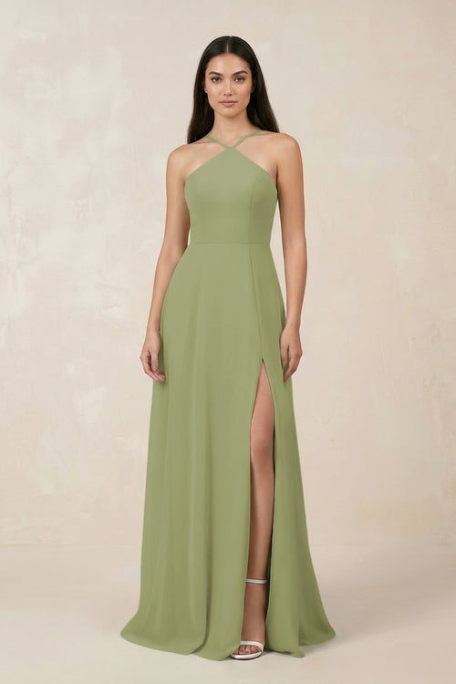 Halter Chiffon A - Line Bridesmaid Dress With Slit in Moss Green - SHE IS ME Bridesmaid Dresses