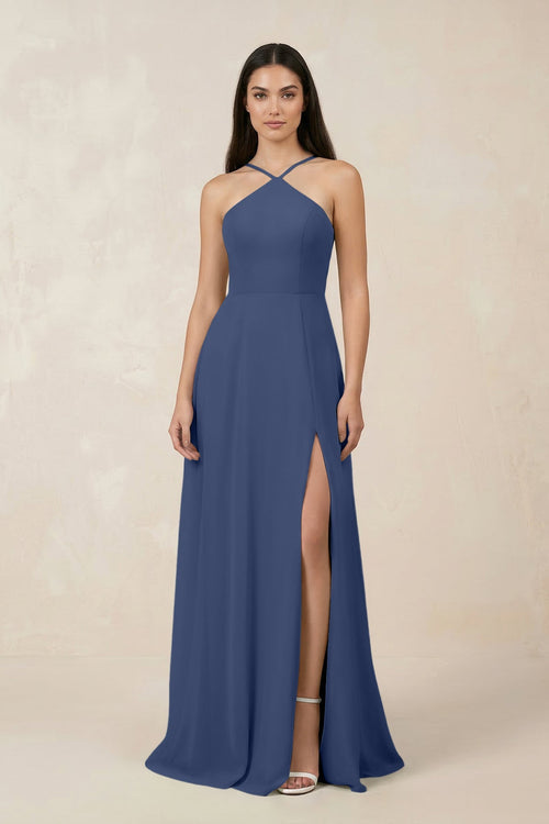 Halter Chiffon A - Line Bridesmaid Dress With Slit in Navy - SHE IS ME Bridesmaid Dresses