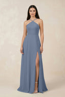 Halter Chiffon A - Line Bridesmaid Dress With Slit in Neptune - SHE IS ME Bridesmaid Dresses