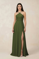 Halter Chiffon A - Line Bridesmaid Dress With Slit in Olive - SHE IS ME Bridesmaid Dresses