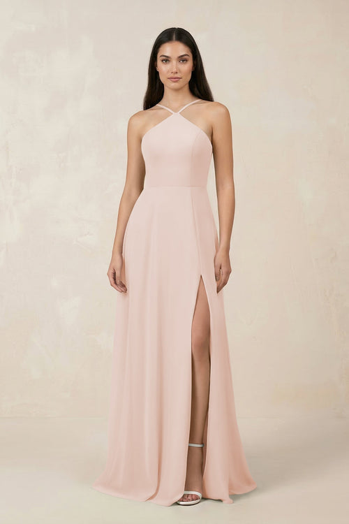 Halter Chiffon A - Line Bridesmaid Dress With Slit in Pale Blush - SHE IS ME Bridesmaid Dresses