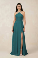 Halter Chiffon A - Line Bridesmaid Dress With Slit in Pine - SHE IS ME Bridesmaid Dresses