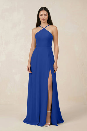 Halter Chiffon A - Line Bridesmaid Dress With Slit in Royal Blue - SHE IS ME Bridesmaid Dresses