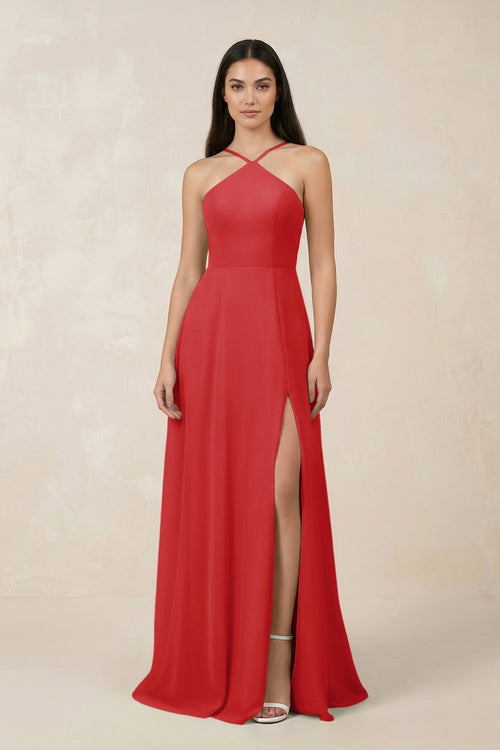 Halter Chiffon A - Line Bridesmaid Dress With Slit in Ruby Red - SHE IS ME Bridesmaid Dresses