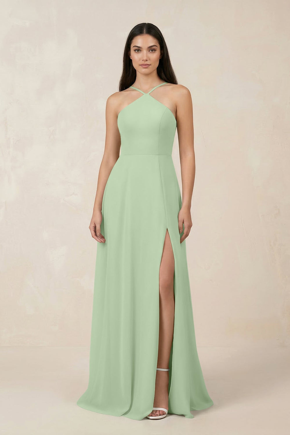 Halter Chiffon A - Line Bridesmaid Dress With Slit in Sage - SHE IS ME Bridesmaid Dresses