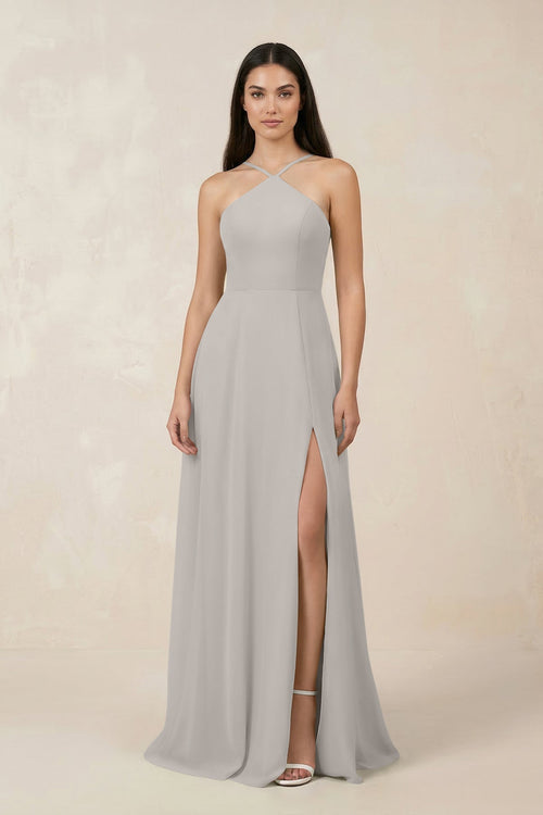 Halter Chiffon A - Line Bridesmaid Dress With Slit in Silver - SHE IS ME Bridesmaid Dresses