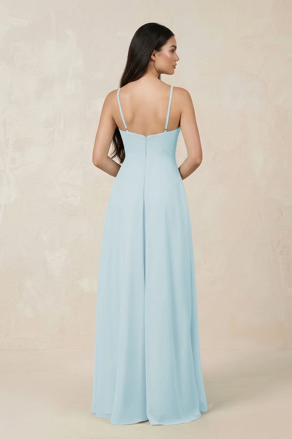 Halter Chiffon A - Line Bridesmaid Dress With Slit in Sky Blue - SHE IS ME Bridesmaid Dresses