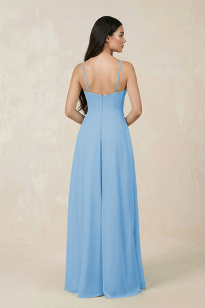 Halter Chiffon A - Line Bridesmaid Dress With Slit in Steel Blue - SHE IS ME Bridesmaid Dresses