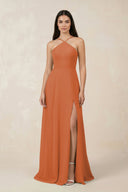 Halter Chiffon A - Line Bridesmaid Dress With Slit in Terracotta - SHE IS ME Bridesmaid Dresses