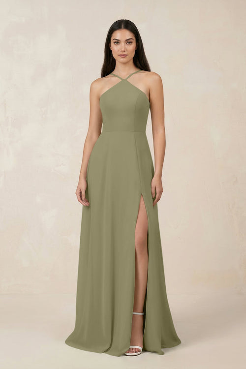 Halter Chiffon A - Line Bridesmaid Dress With Slit in Thyme - SHE IS ME Bridesmaid Dresses
